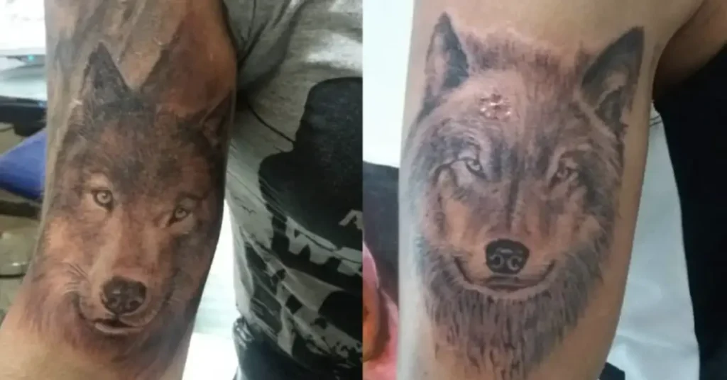 arm wolf couple tattoo