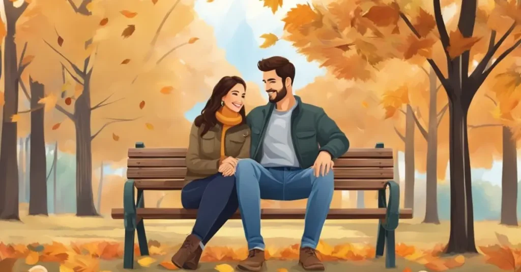 couple sitting on a bench in Fall Couples Photoshoot