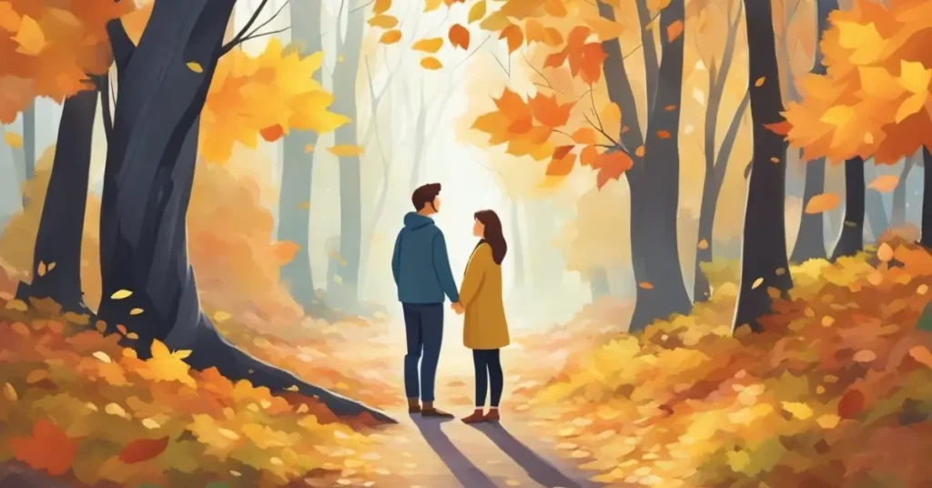 couple in the forest holding hands in Fall Couples Photoshoot