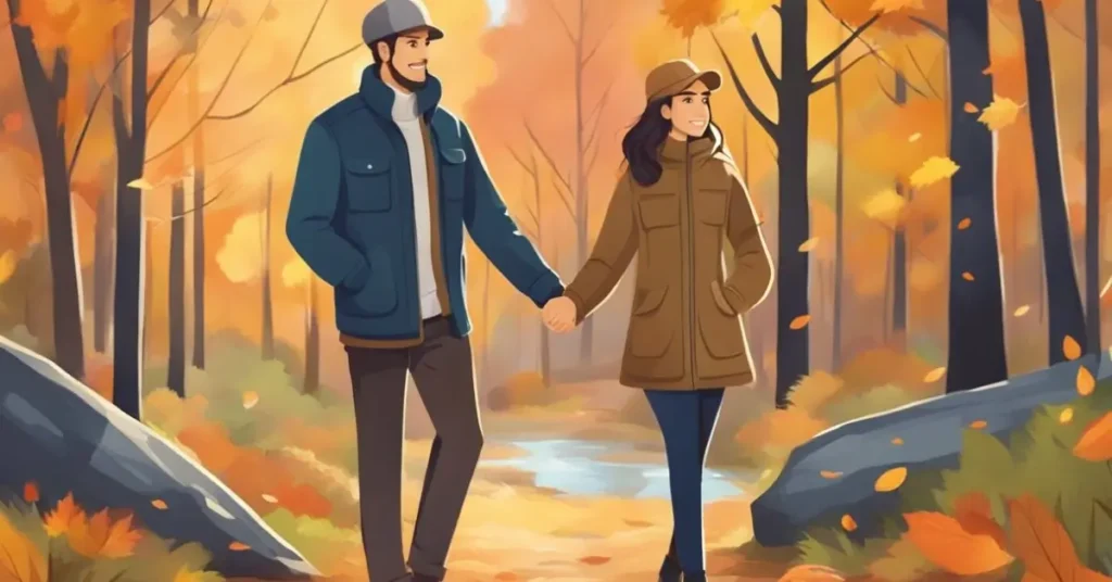 closeup of couple holding hands in beautiful autumn scenery in Fall Couples Photoshoot