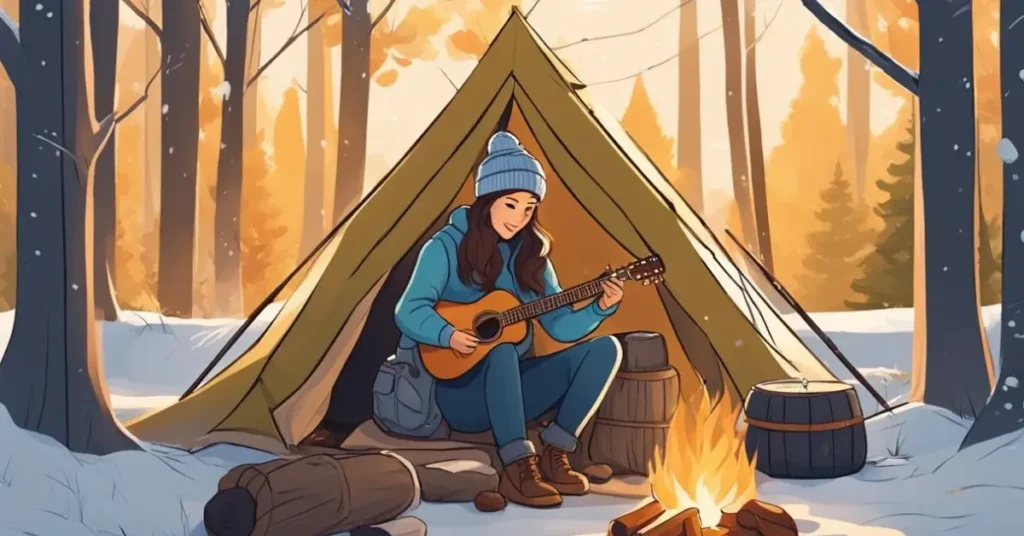 women with guitar in couple camping photoshoot