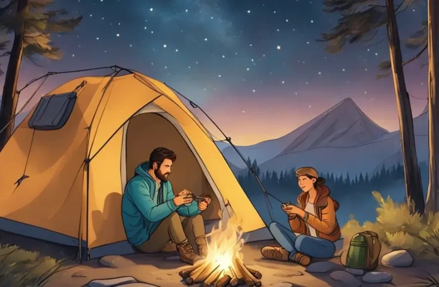 couple camping photoshoot in a tent with stars