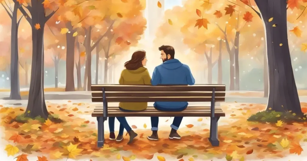 couple sitting on bench fall date ideas