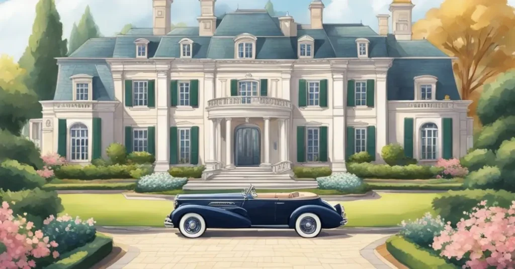 old money couples car in front of property